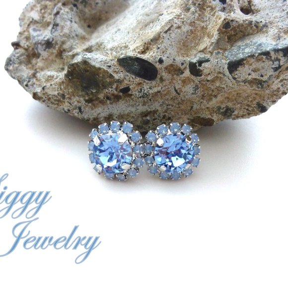 Swarovski Crystal Light Sapphire and Air Blue Opal Halo Studs Post Earrings - Picture 7 of 7